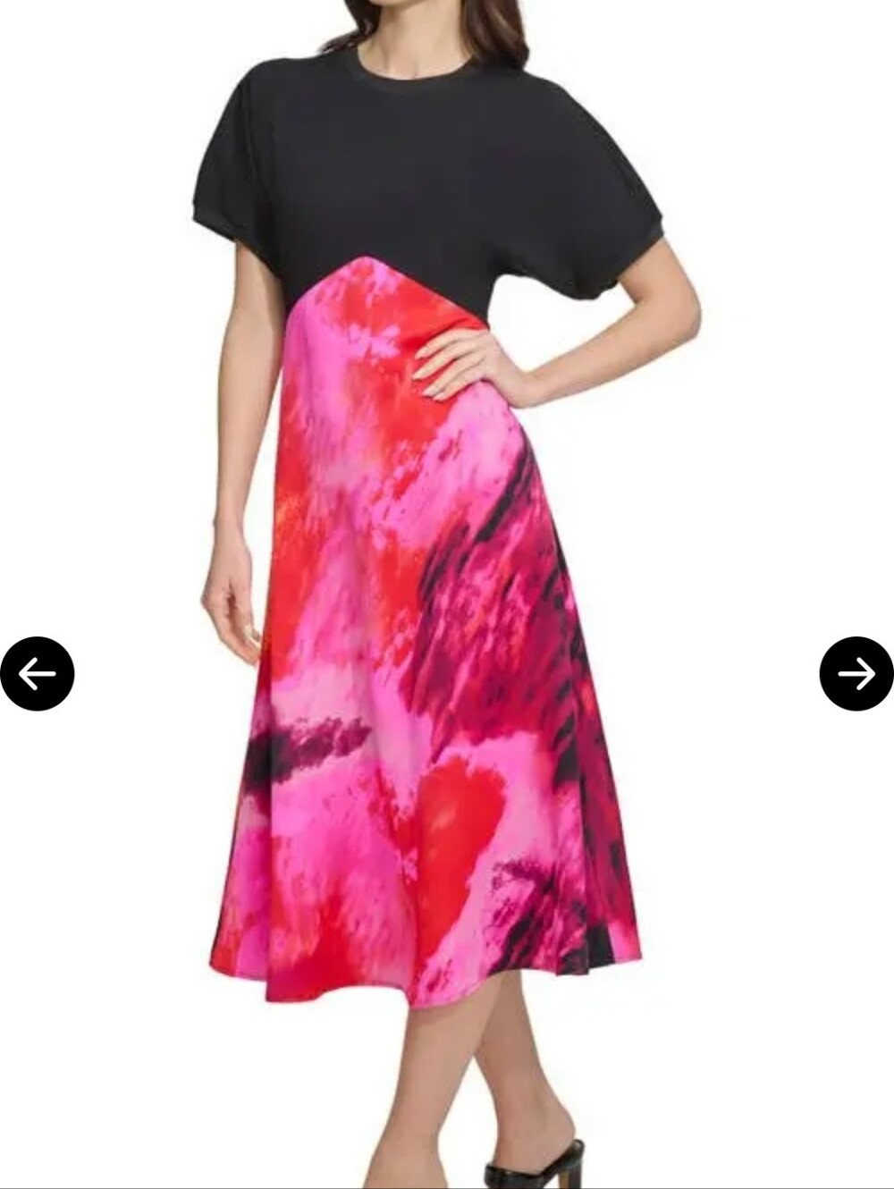 DKNY Mixed Media Satin Black & Pink Midi Dress - Casual Chic Size L